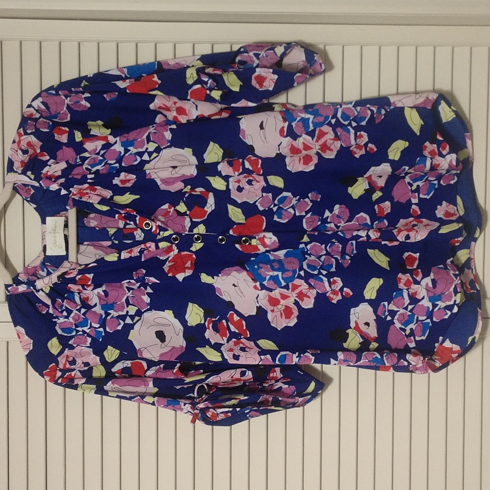 Yumi Kim Blue Floral Tie Sleeve Popover Blouse Size Small